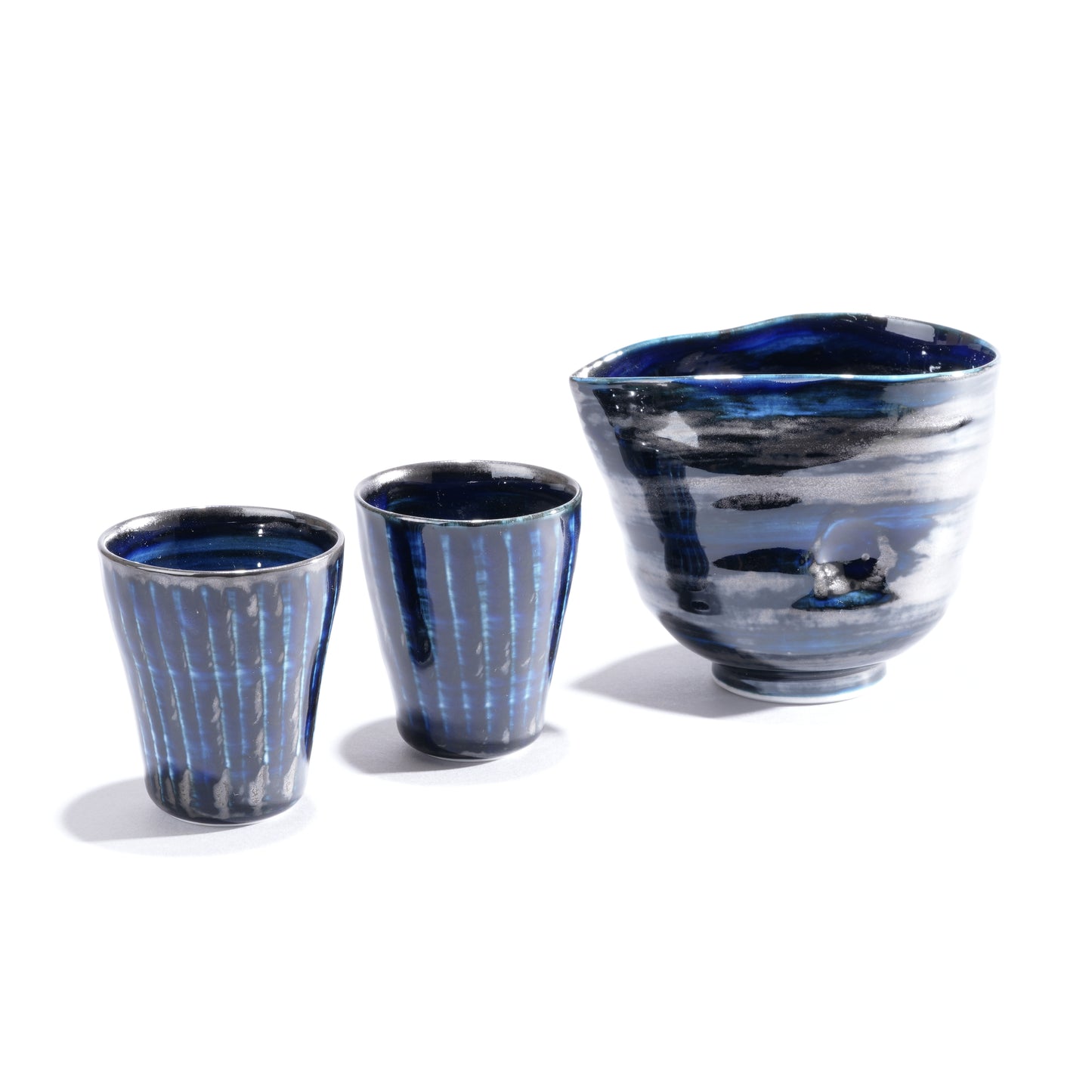 Fukuharu Oil-Drop Glaze Saké Pourer and Cups Set (Shinogi)