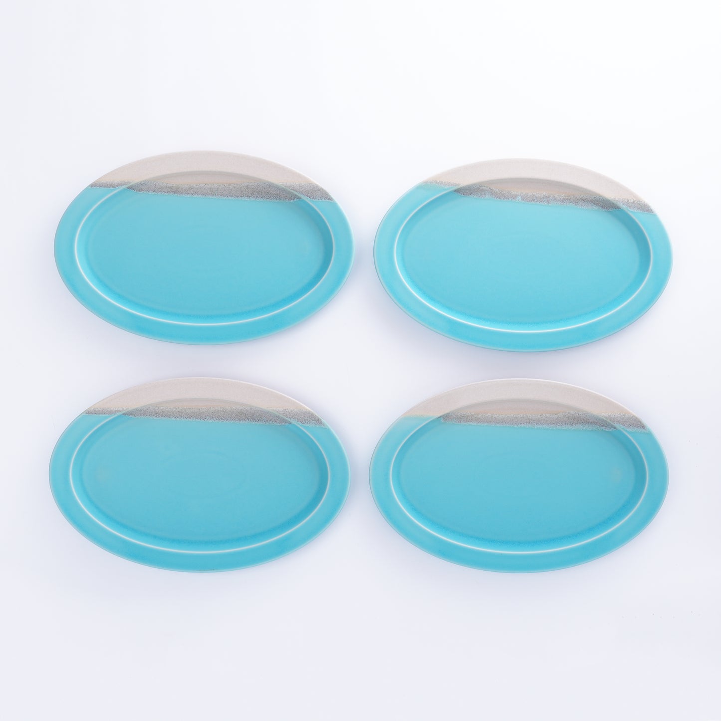 Kōshun Kiln Scenery Oval Plates set of 4 - Turquoise Blue