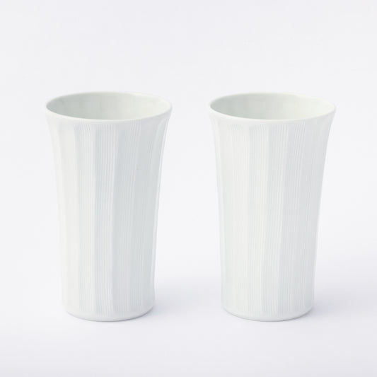 [Issin Kiln]White Porcelain Hand-carved Set of 2 Beer Cups, Comb Pattern Engraving