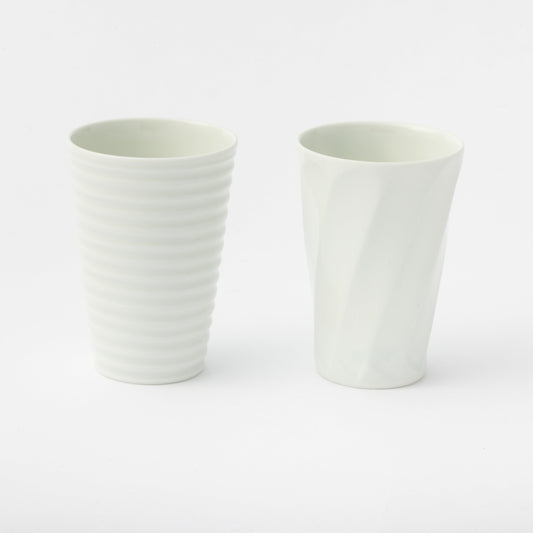 [Issin Kiln] White Porcelain Hand-carved Set of 2 Small Freestyle Cups, Diagonal Engraving and Line Engraving