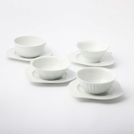 [Issin Kiln] White Porcelain Hand-carved Set of 4 Bowls and Plates (Total 8 Pieces)