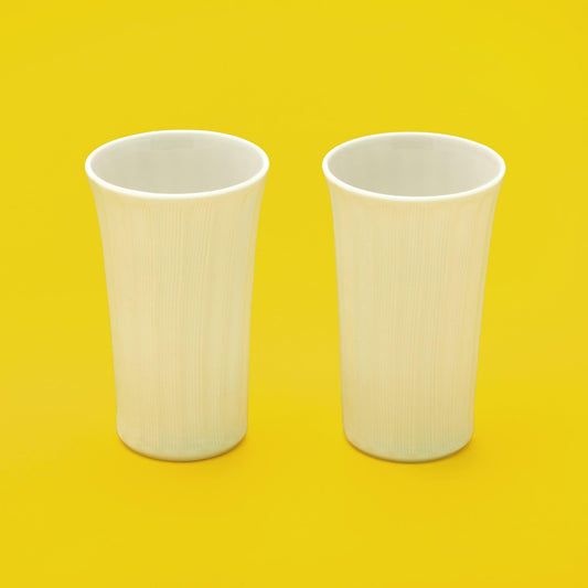 [Issin Kiln]White Porcelain Hand-carved Set of 2 Beer Cups, Comb Pattern Engraving