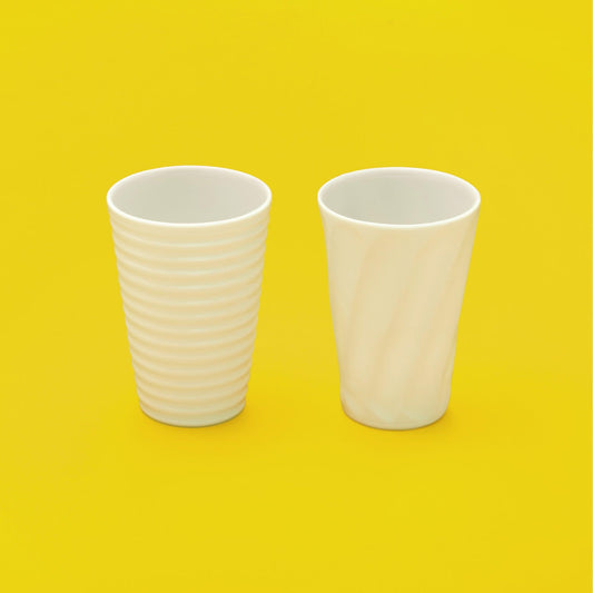 [Issin Kiln] White Porcelain Hand-carved Set of 2 Small Freestyle Cups, Diagonal Engraving and Line Engraving