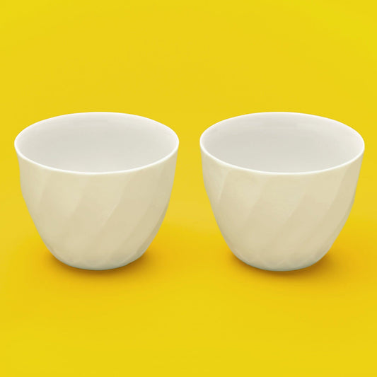 [Issin Kiln] White Porcelain Hand-carved Set of 2 Japanese Teacup,  Diagonal Engraving